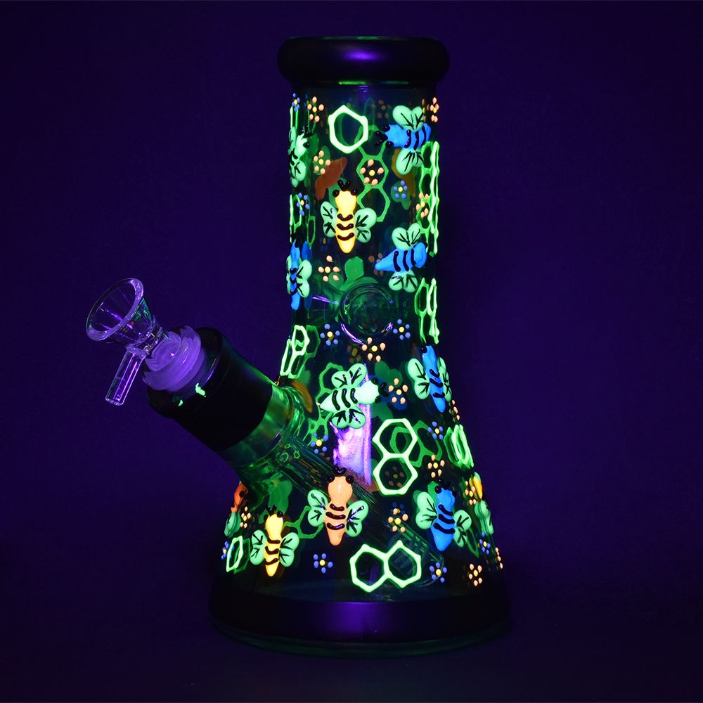 Phantasmagoric Glow In Dark Beaker Glass Water Pipe – 8″ / 14mm F / Designs Vary