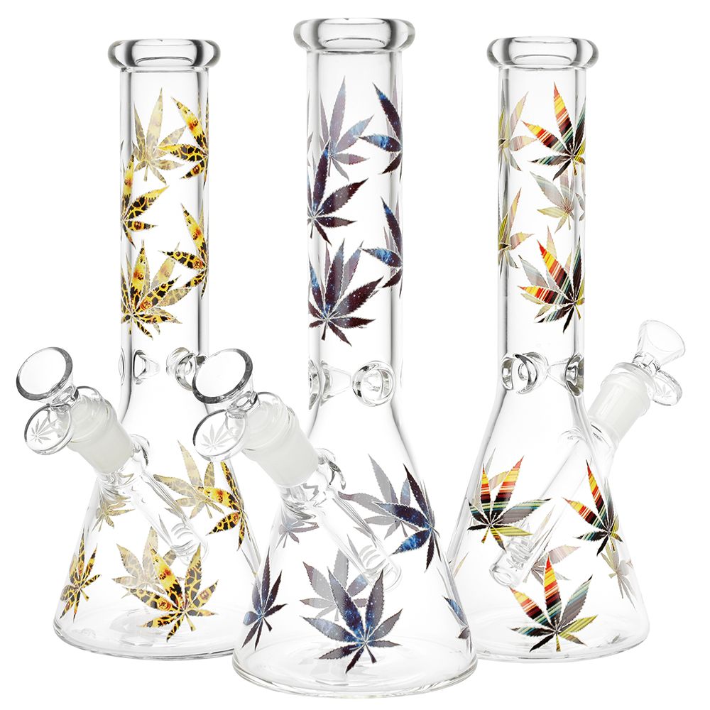 Stylized Hemp Leaf Glow in Dark Glass Water Pipe – 10″ / 14mm F / Colors Vary