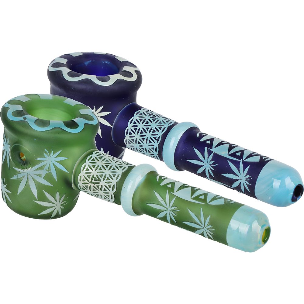 Flower of Leaf Sandblasted Glass Hand Pipe – 4.75″” / Colors Vary