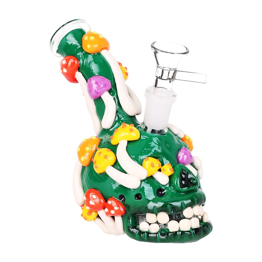 Skull Full Of Shrooms Glass Water Pipe – 5.25″ / 14mm F