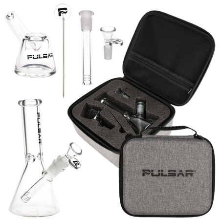 Pulsar Slant Neck Beaker Glass Water Pipe Zippered Case Travel Kit – 7″ / Clear