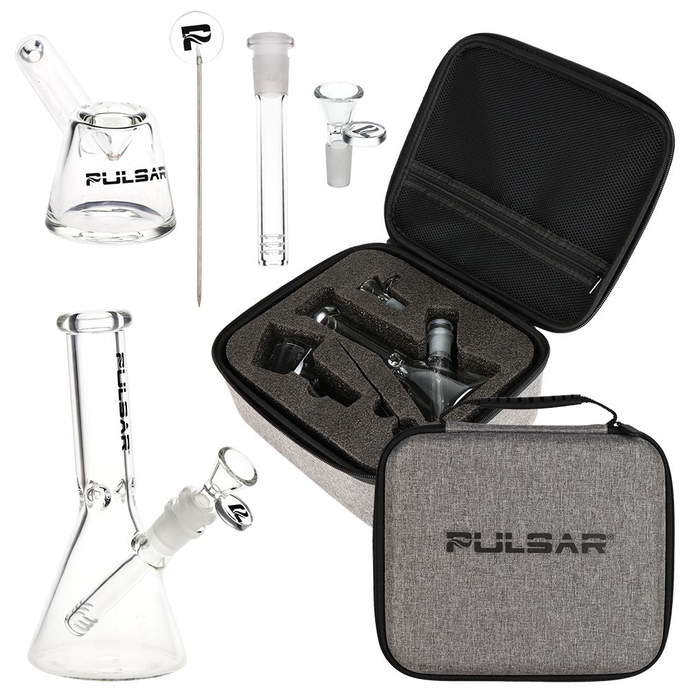 Pulsar Slant Neck Beaker Glass Water Pipe Zippered Case Travel Kit – 7″ / Clear