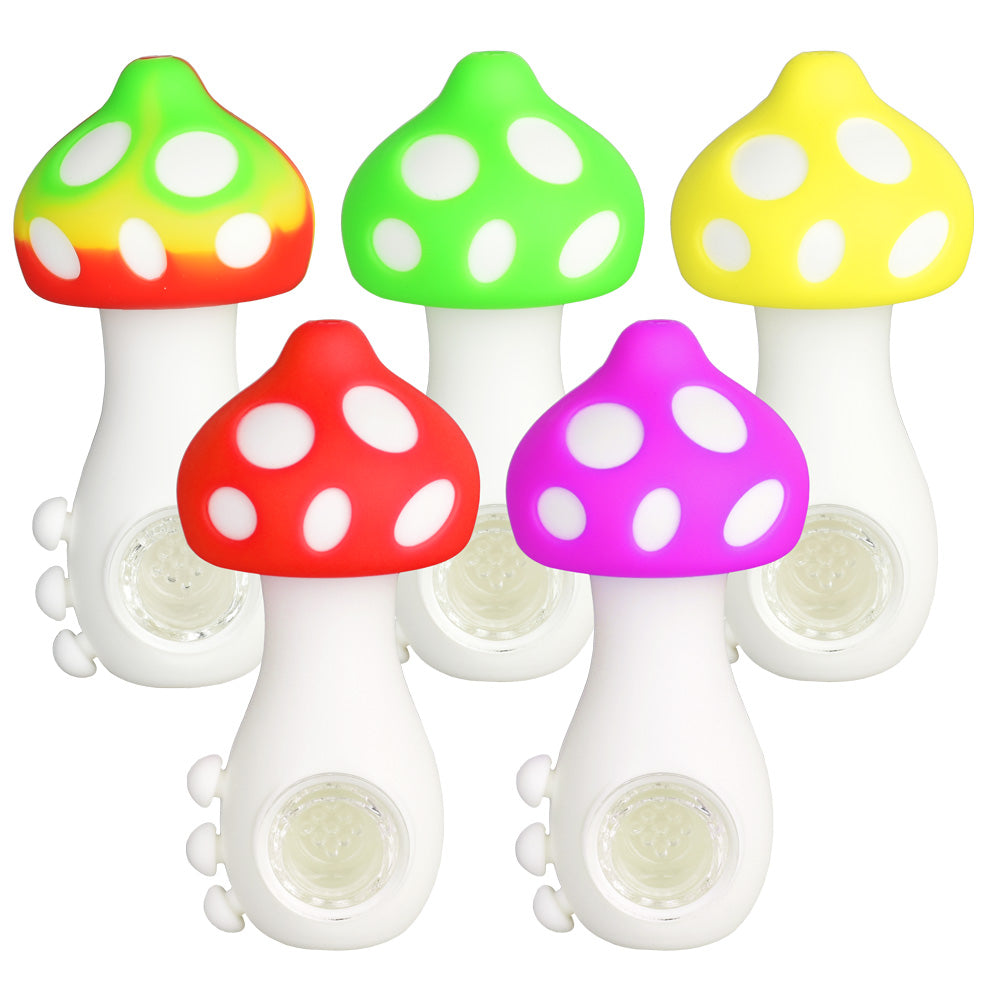 Mushroom Silicone Hand Pipe w/ Glass Bowl – 4.25″/Colors Vary