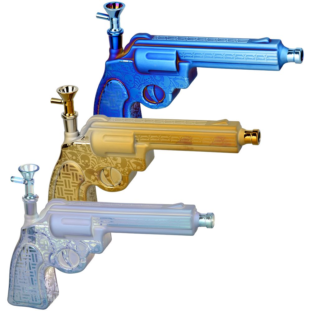 Six Gun A-Blazin’ Electroplated Glass Pistol Bubbler – 10.75″ / 14mm F / Colors Vary