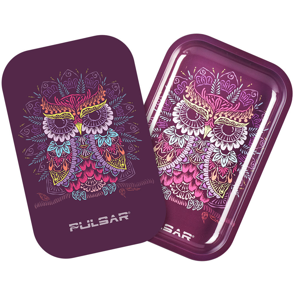 Pulsar Metal Rolling Tray w/ Lid – 11″x7″ / Owl Mandala