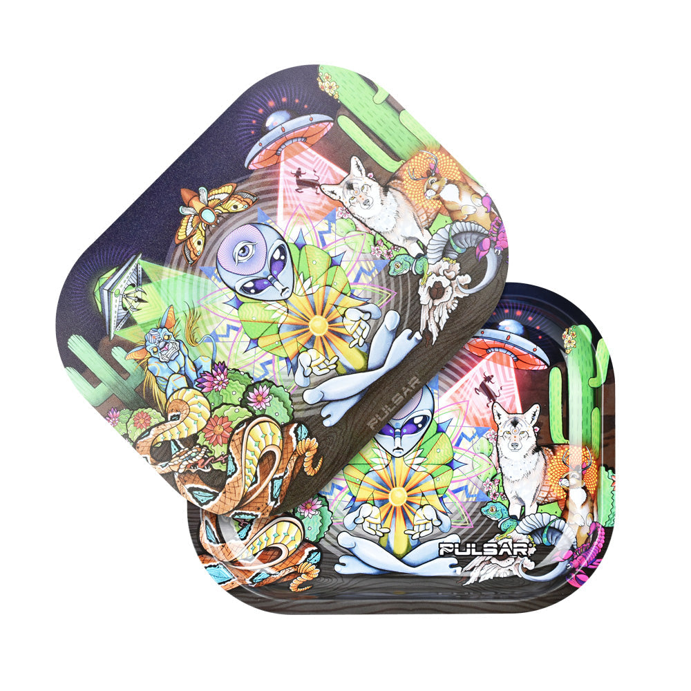 Pulsar Mini Metal Rolling Tray w/ Lid – Psychedelic Desert / 7″x5.5″