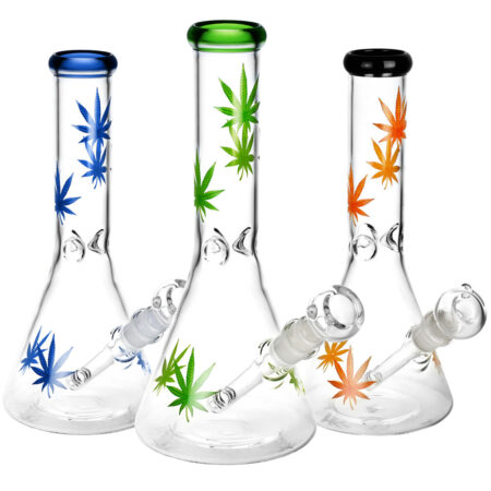 Sacre Bleu Leaf Print Beaker Water Pipe – 10″/14mm F/Colors Vary