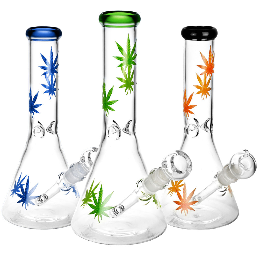 Sacre Bleu Leaf Print Beaker Water Pipe – 10″/14mm F/Colors Vary