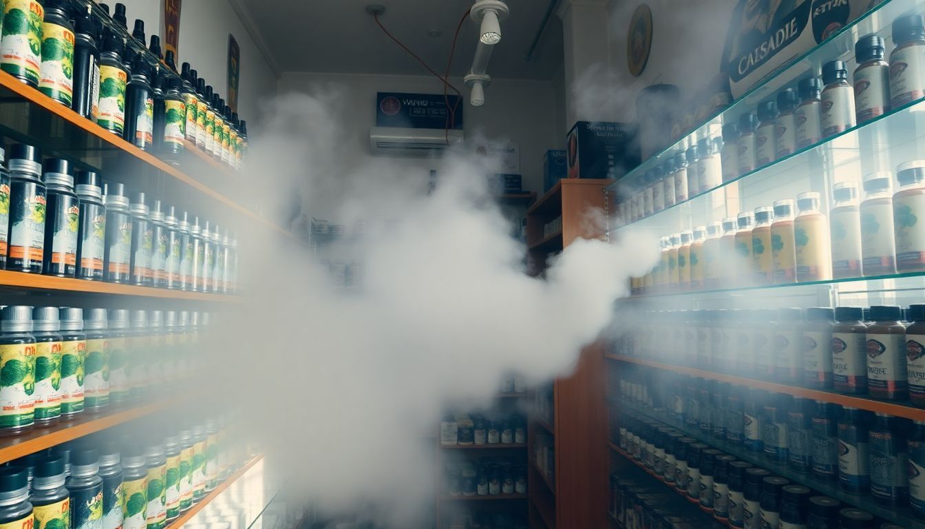 A vape shop with unusual flavors and fog machine creates a whimsical atmosphere.