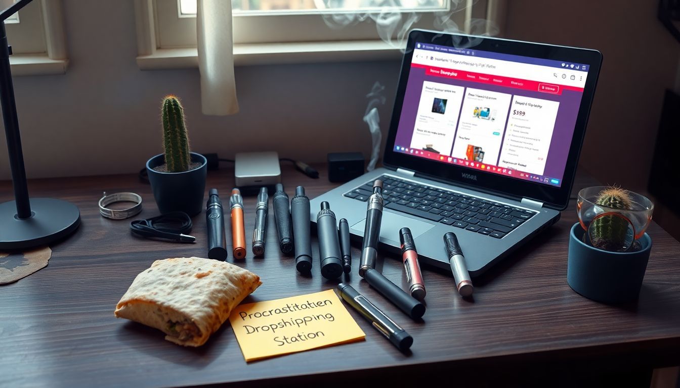 A messy desk with open laptop, vape products, and a cactus.