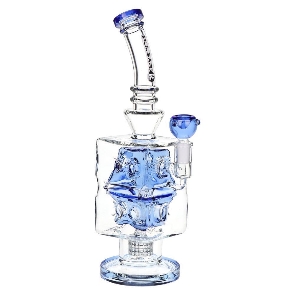 Pulsar Double Swiss Perc Blocks Glass Water Pipe – 12.5″ / 14mm F / Blue