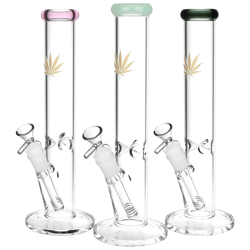 Gold Hemp Leaf Straight Tube Water Pipe – 12″ / 14mm F