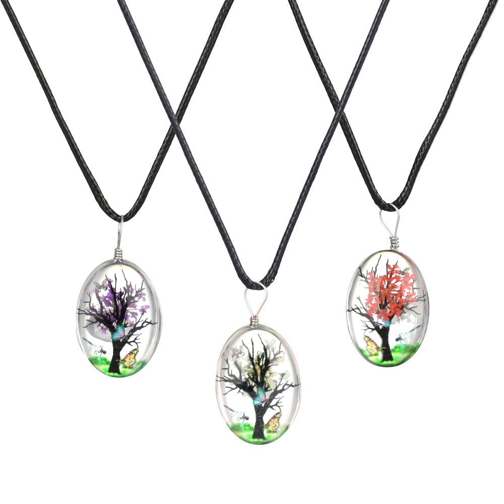 Oval Blooming Tree Glass Pendant Necklace – 20″