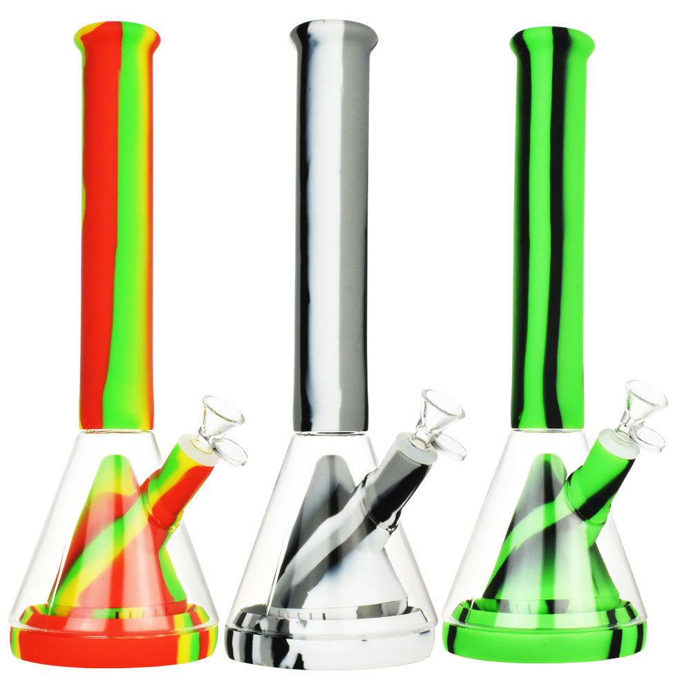 Striped Silicone & Glass Water Pipe – 14″/14mm F/Colors Vary