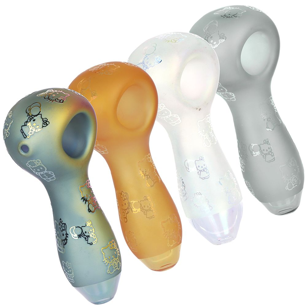 4CT BUNDLE – Hiya Cat Electroplated Etched Glass Spoon Pipe – 4″ / Assorted Colors