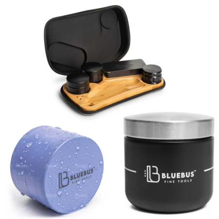 BLAZE Wooden stash Rolling Tray + GC 2.5" Ceramic Milling Tool Black + Bunker 500ml Airtight Stash Jar Bundle