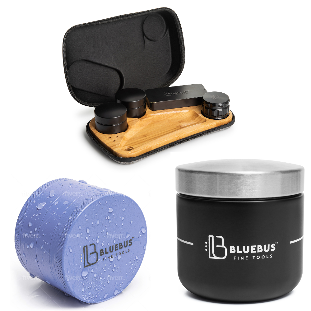 BLAZE Wooden stash Rolling Tray + GC 2.5″ Ceramic Milling Tool Black + Bunker 500ml Airtight Stash Jar Bundle