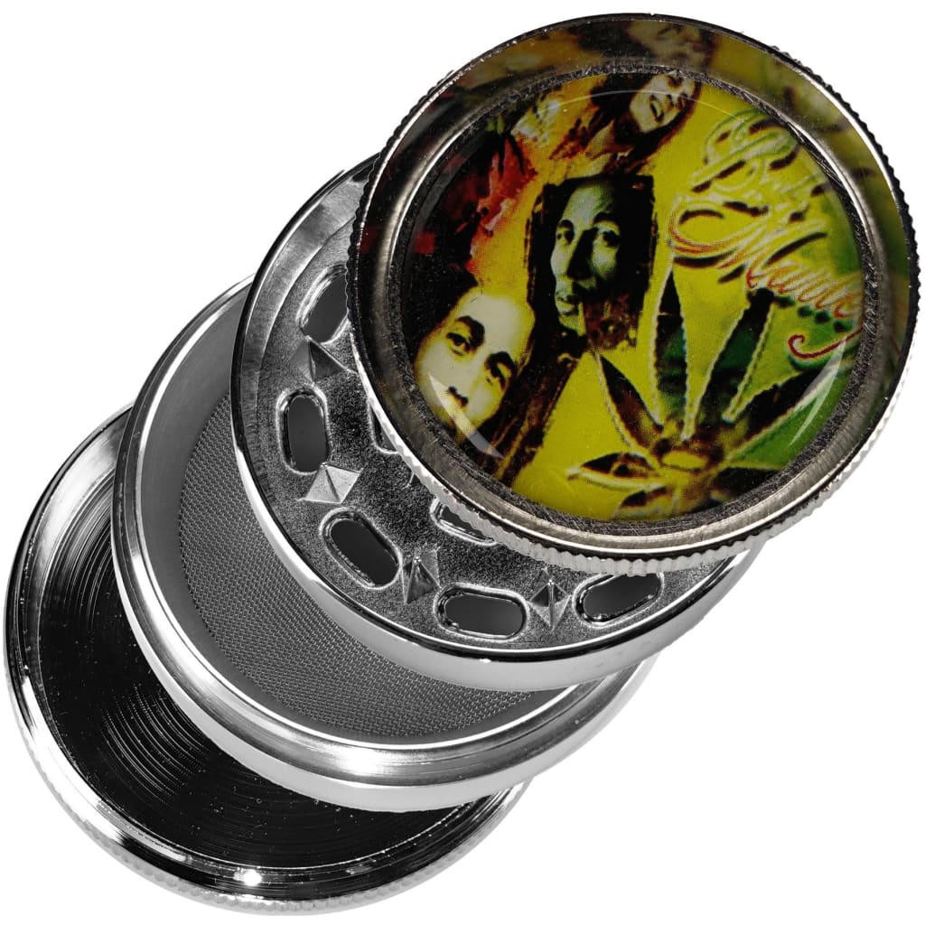 Fine Toothed Metal Grinder with Pollen Screen Bob Marley Design