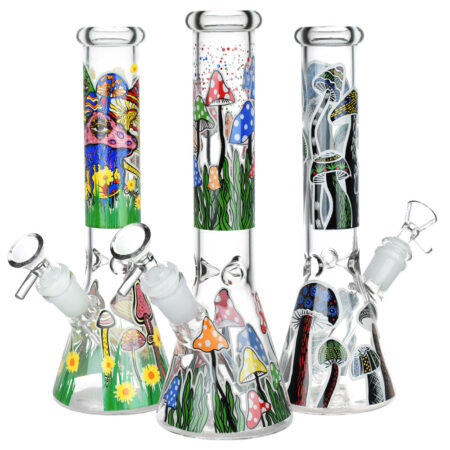 Shrooms Are Watching Glow Glass Beaker Water Pipe – 10″ / 14mm F / Designs Vary