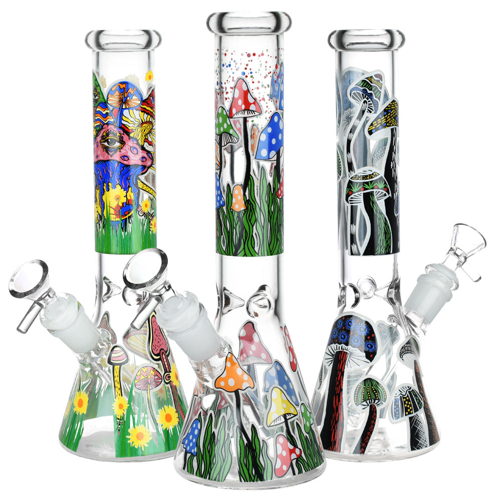 Shrooms Are Watching Glow Glass Beaker Water Pipe – 10″ / 14mm F / Designs Vary