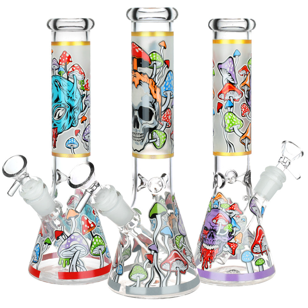 Monsters And Shrooms Glow Glass Beaker Water Pipe – 10″ / 14mm F / Designs Vary