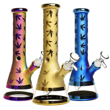 Metallic Hemp Leaf Water Pipe - 10" / 14mm F / Colors Vary