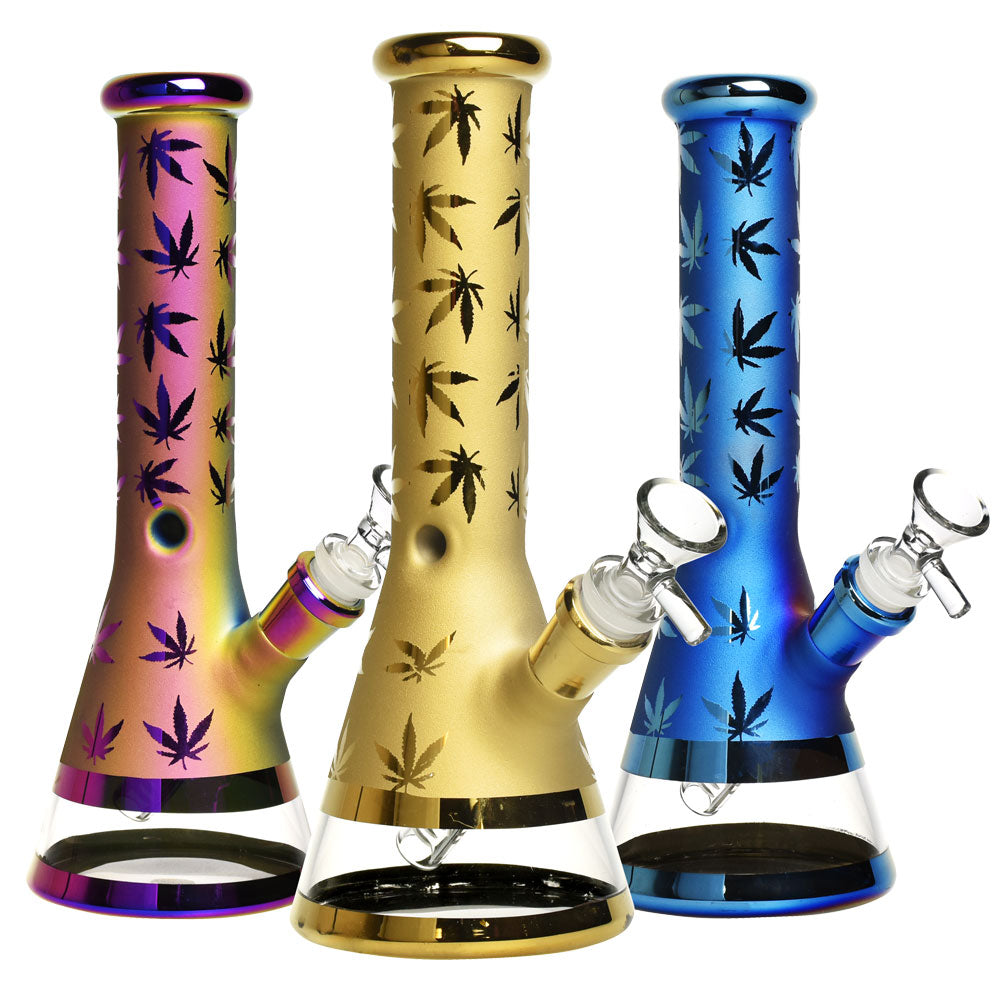 Metallic Hemp Leaf Water Pipe – 10″ / 14mm F / Colors Vary