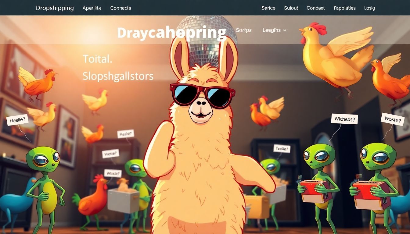 A colorful dropshipping store website with a dancing llama and cartoon aliens.