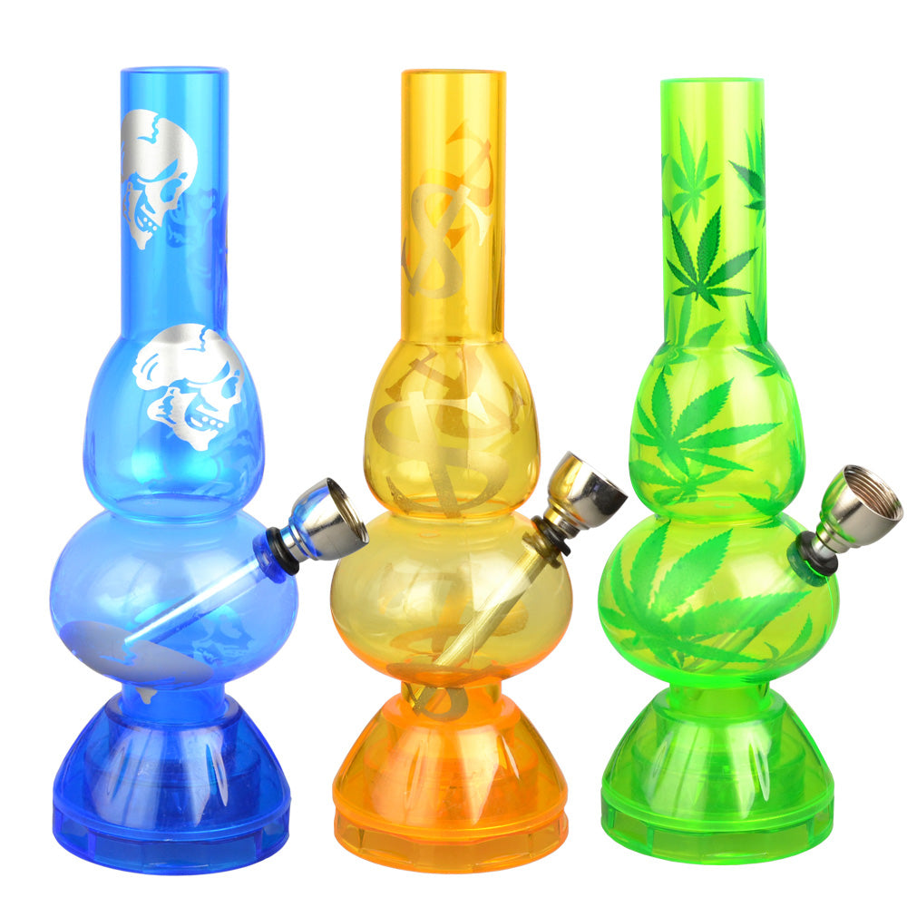 Mini Acrylic 2 Bubble Water Pipe w/ Built in Grinder Base – 6.75″ / Assorted Designs