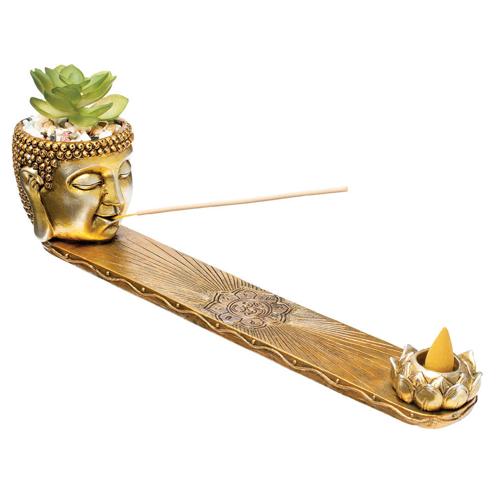 Fujima Buddha Incense Burner with Faux Plant – 12.5″