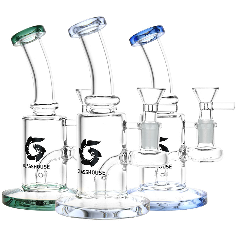 Glass House Bent Neck Glass Water Pipe – 6.75″ / 14mm F / Colors Vary