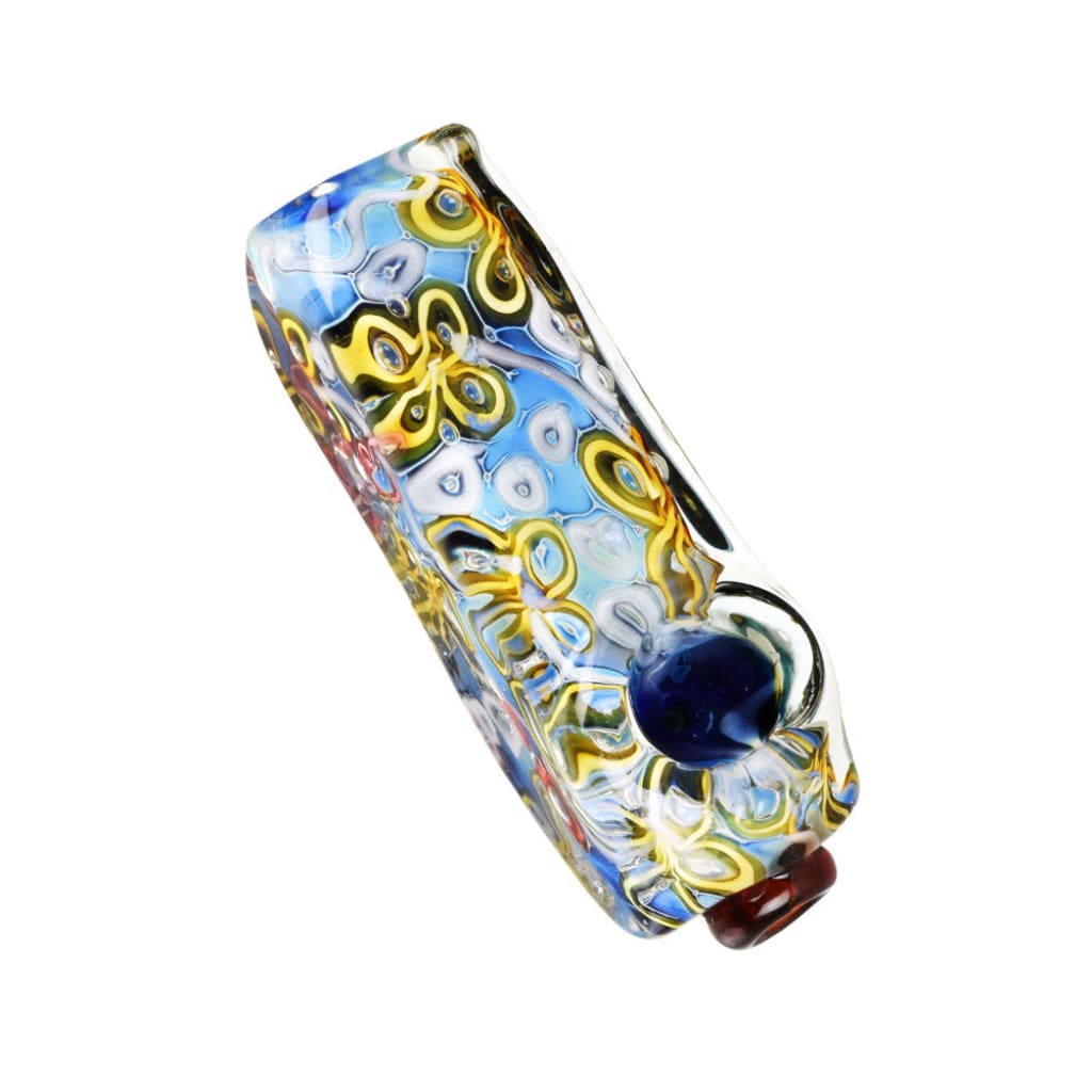 Flowers Squared Glass Hand Pipe With Blue Bubbles And Steamroller Style