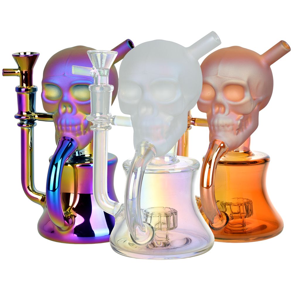 Solemn Skull Electroplated Glass Recycler – 6.75″ / 14mm F / Colors Vary