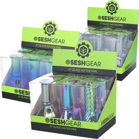 SeshGear Glass Mini Water Pipe | 6″ | Grommet | Assorted Styles | 6ct Display