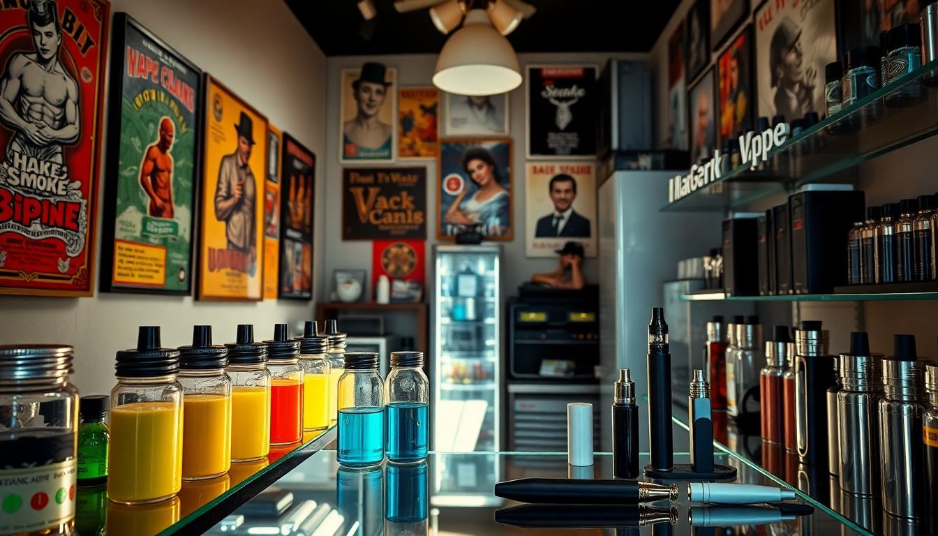 A vape and smoke shop with vintage decor and colorful e-liquids.