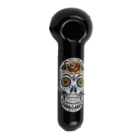 Sugar Skull Label Glass Pipe with Vibrant Skull Design