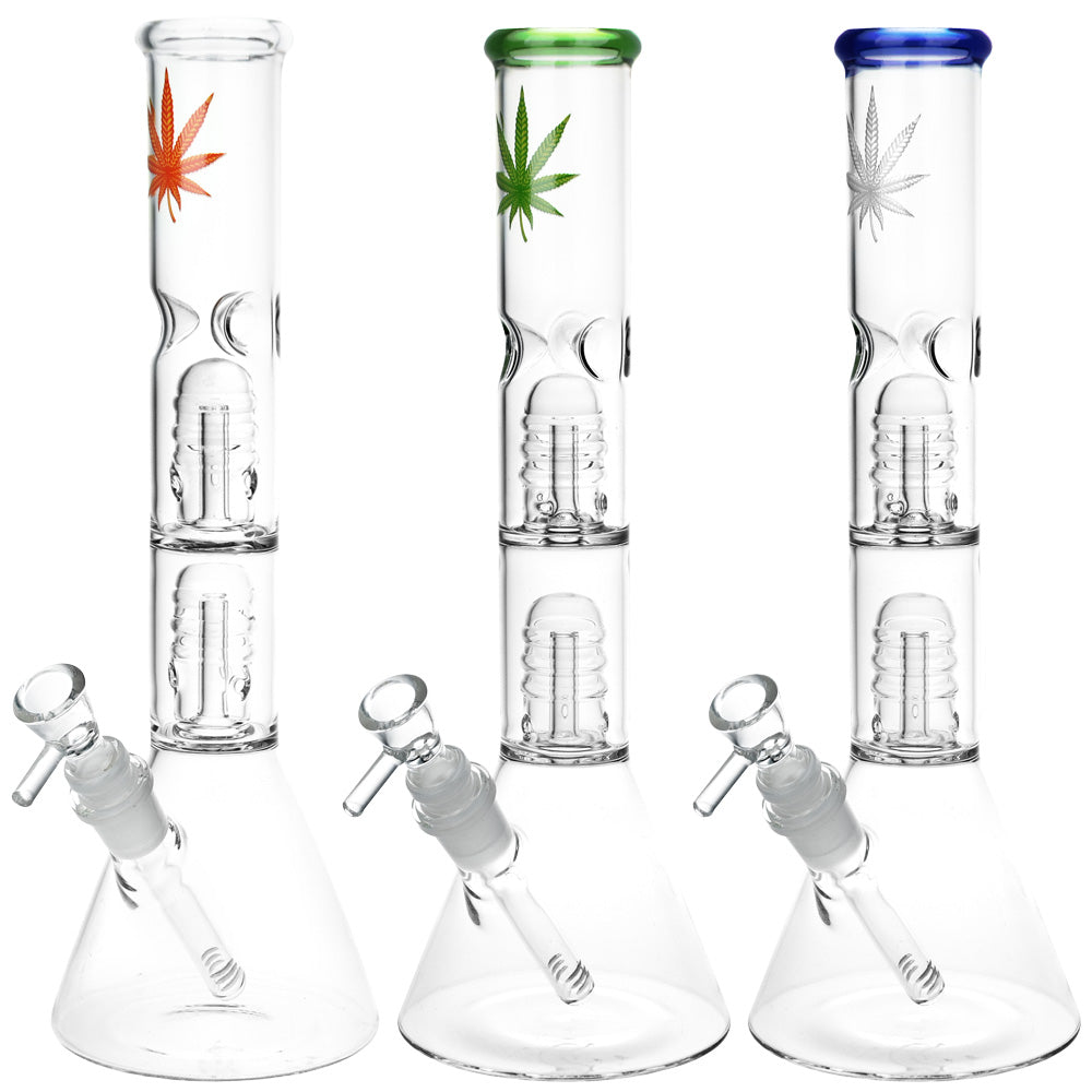 Double Stacked Hemp Leaf Beaker Water Pipe – 12″ / 14mm F / Colors Vary