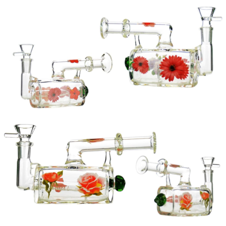 6.5 Glass Water Pipe with L-line Perc and Flower Art 14mm Bowl - Pipe