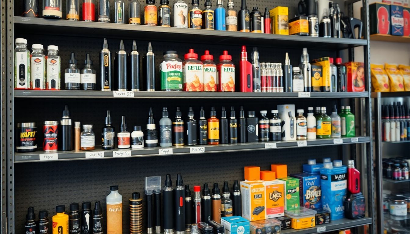 A diverse array of smoke and vape products displayed in a shop.