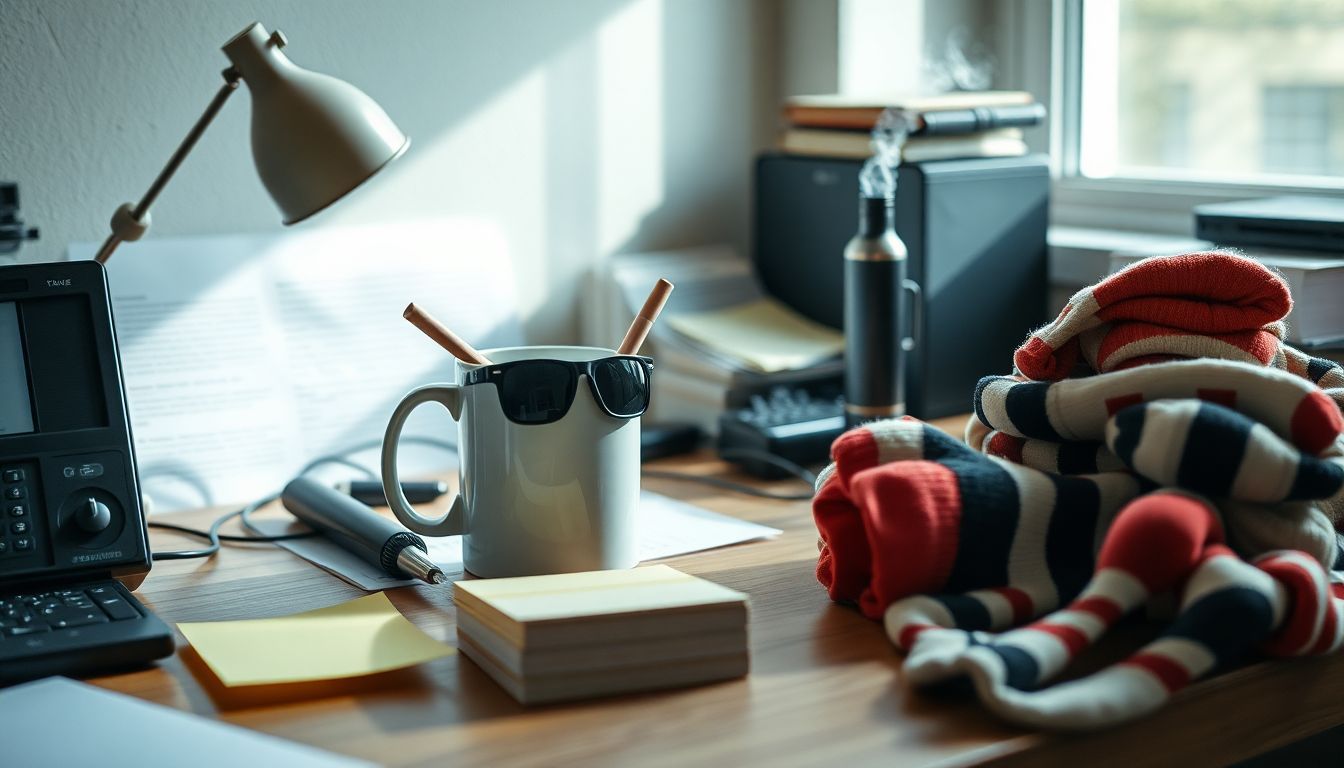 A humorous and chaotic home office desk scene with a coffee mug, vaporizer, and socks.