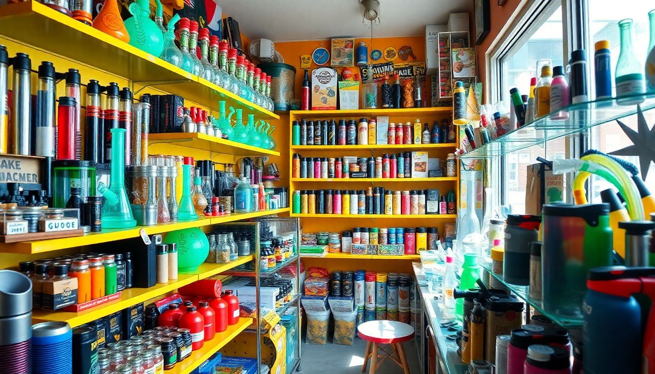 A busy, colorful smoke shop filled with unique smoking products.