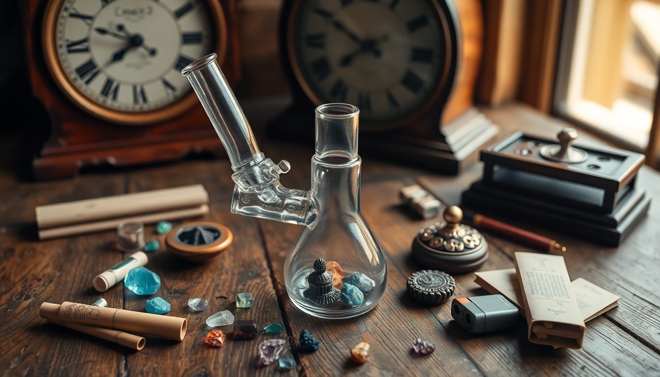 A glass water pipe with colorful gemstones, incense holders, and accessories.