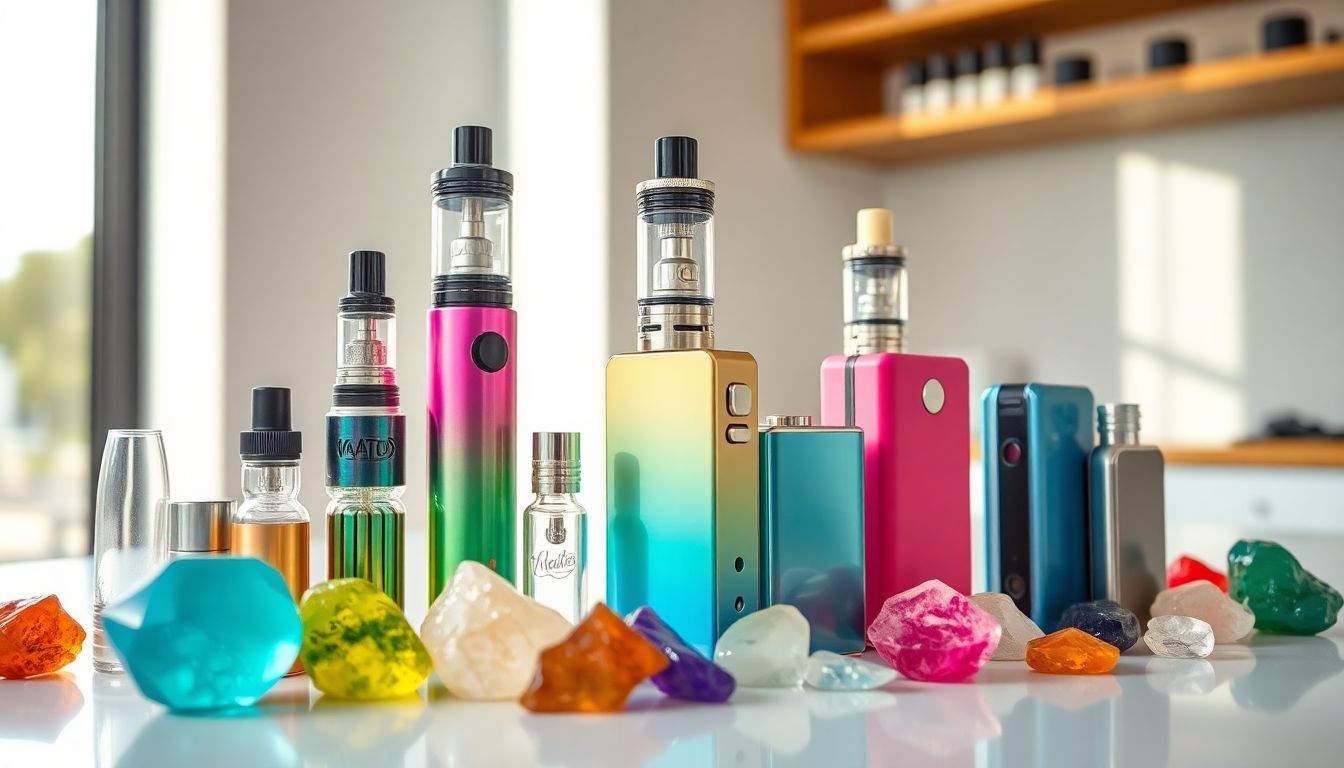 A stylish display of vape products with colorful gemstones on a countertop.