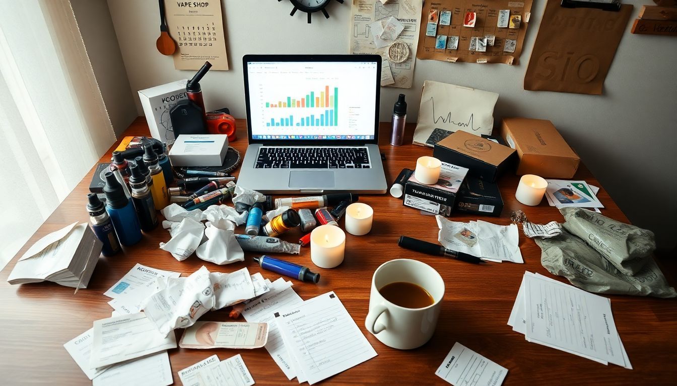 A cluttered vape and smoke shop workspace with sales data on laptop.