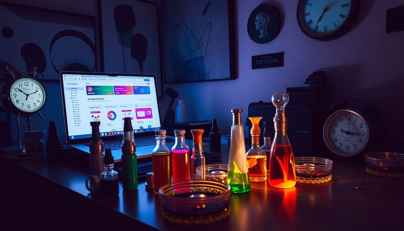 A cluttered desk with vape supplies, a laptop, and cryptocurrency coins.