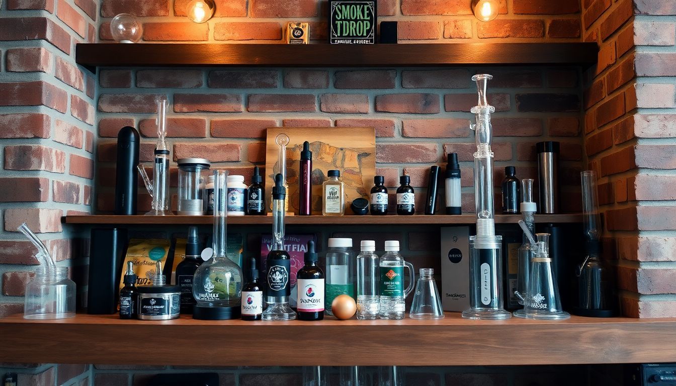 A variety of smoking accessories displayed on a rustic wooden shelf.