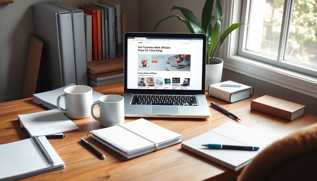 A cluttered office desk with laptop displaying product reviews for affiliate marketing.