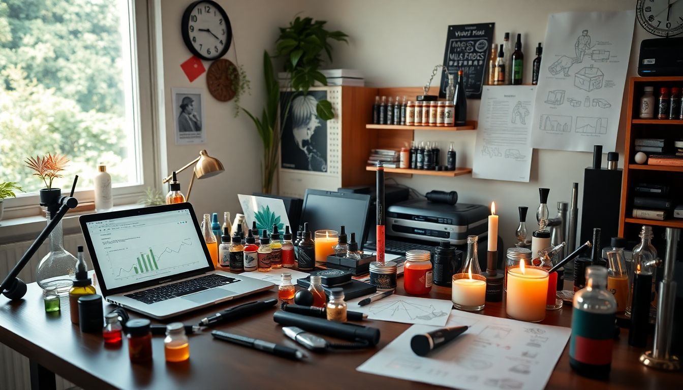 A cluttered desk in a vape entrepreneur's workspace with various products.