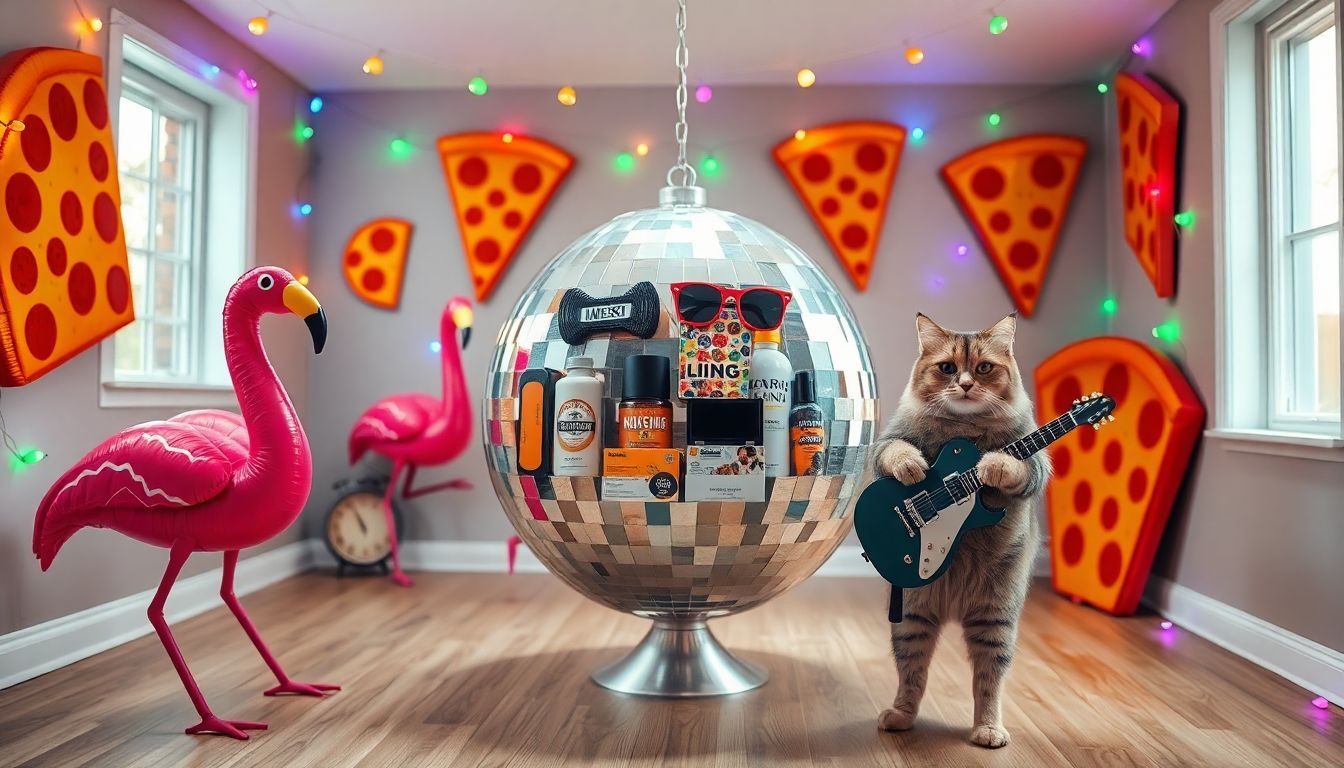 A playful scene with trendy products, inflatable flamingos, and a cat.