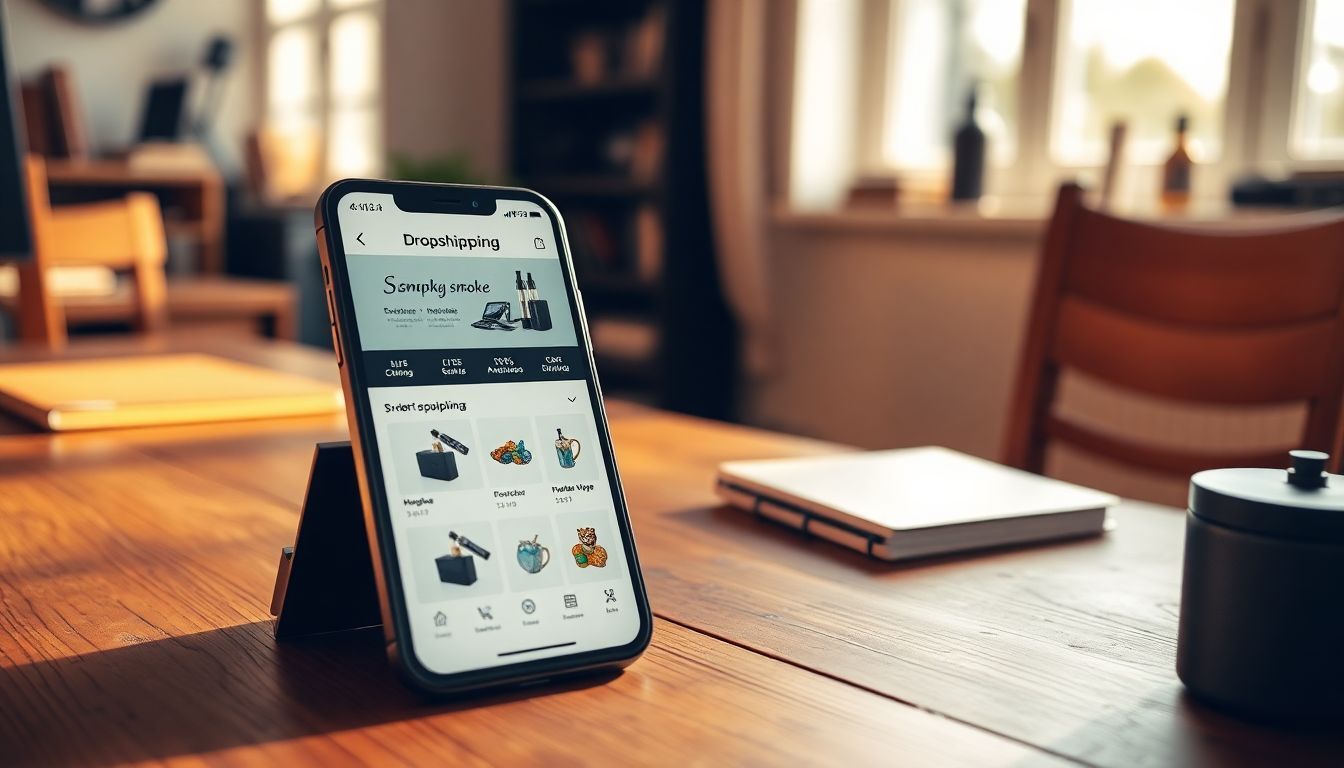 A dropshipping app for smoke and vape products displayed on a smartphone.